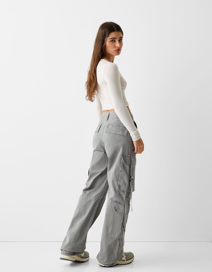 Cotton cargo trousers with straps-Grey-2
