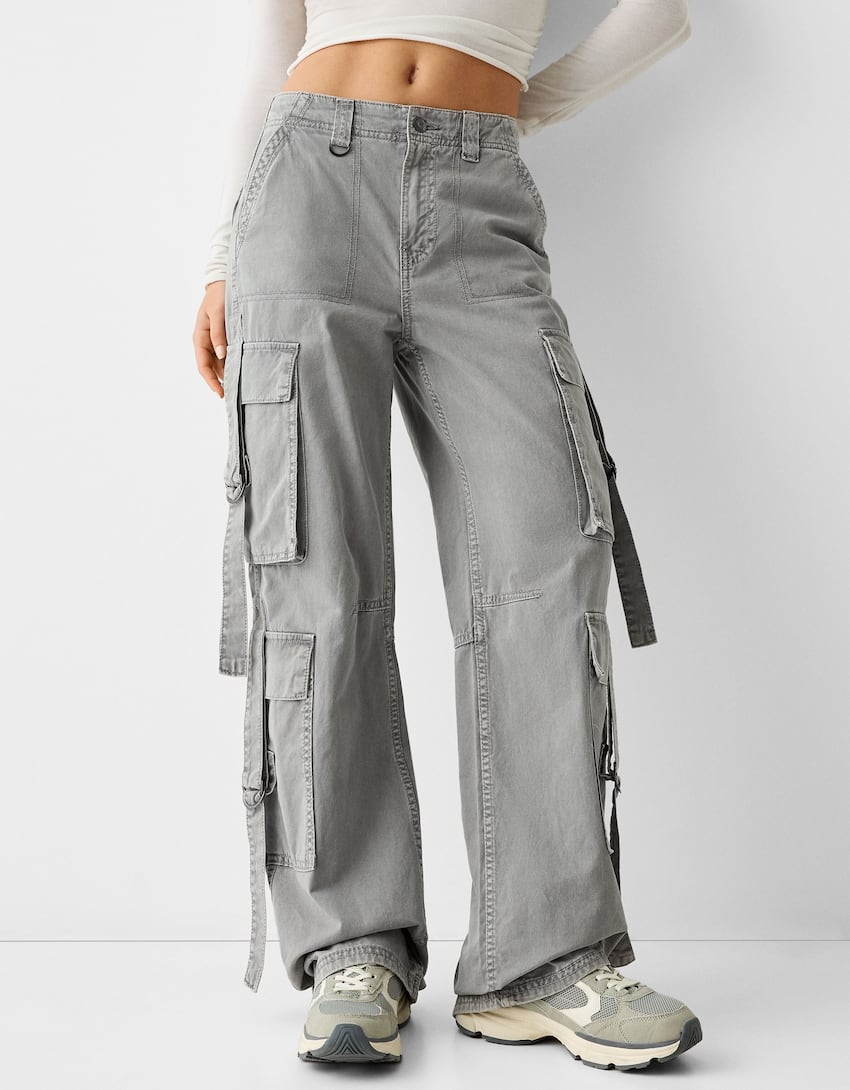 Cotton cargo trousers with straps-Grey-1