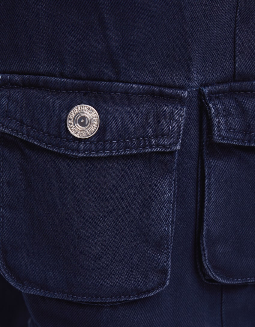 Multi-pocket twill cargo trousers-Blue-5