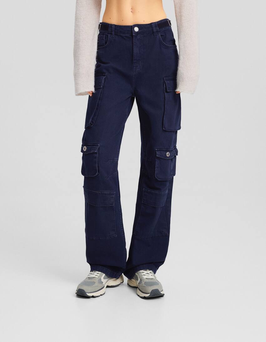 Multi-pocket twill cargo trousers-Blue-1