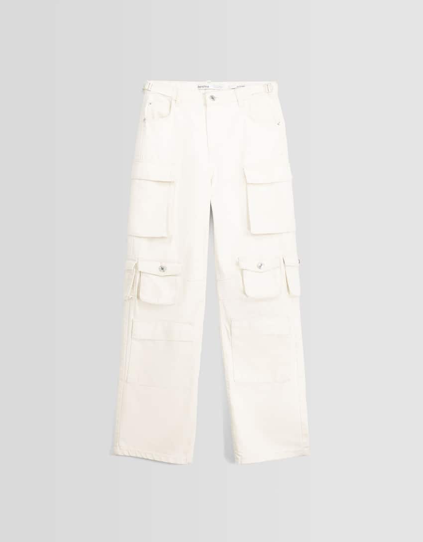 Multi-pocket twill cargo trousers-Cream-4