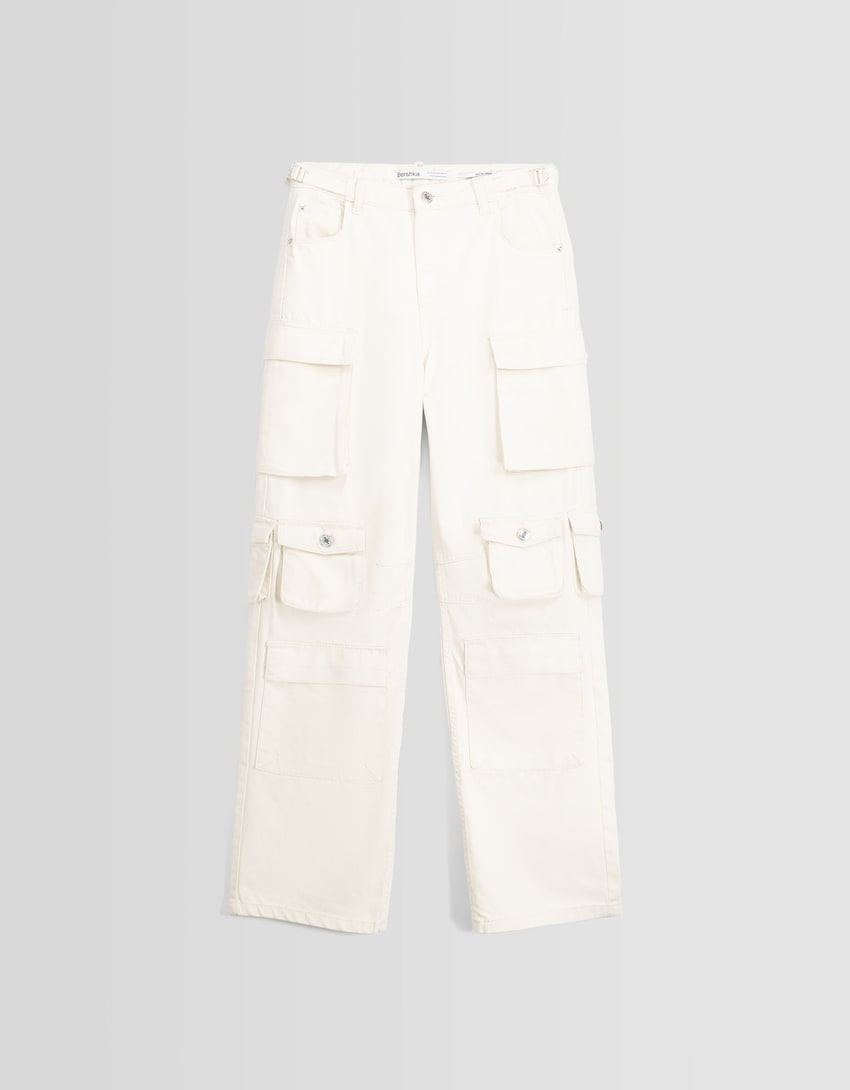Multi-pocket twill cargo pants-Cream-4