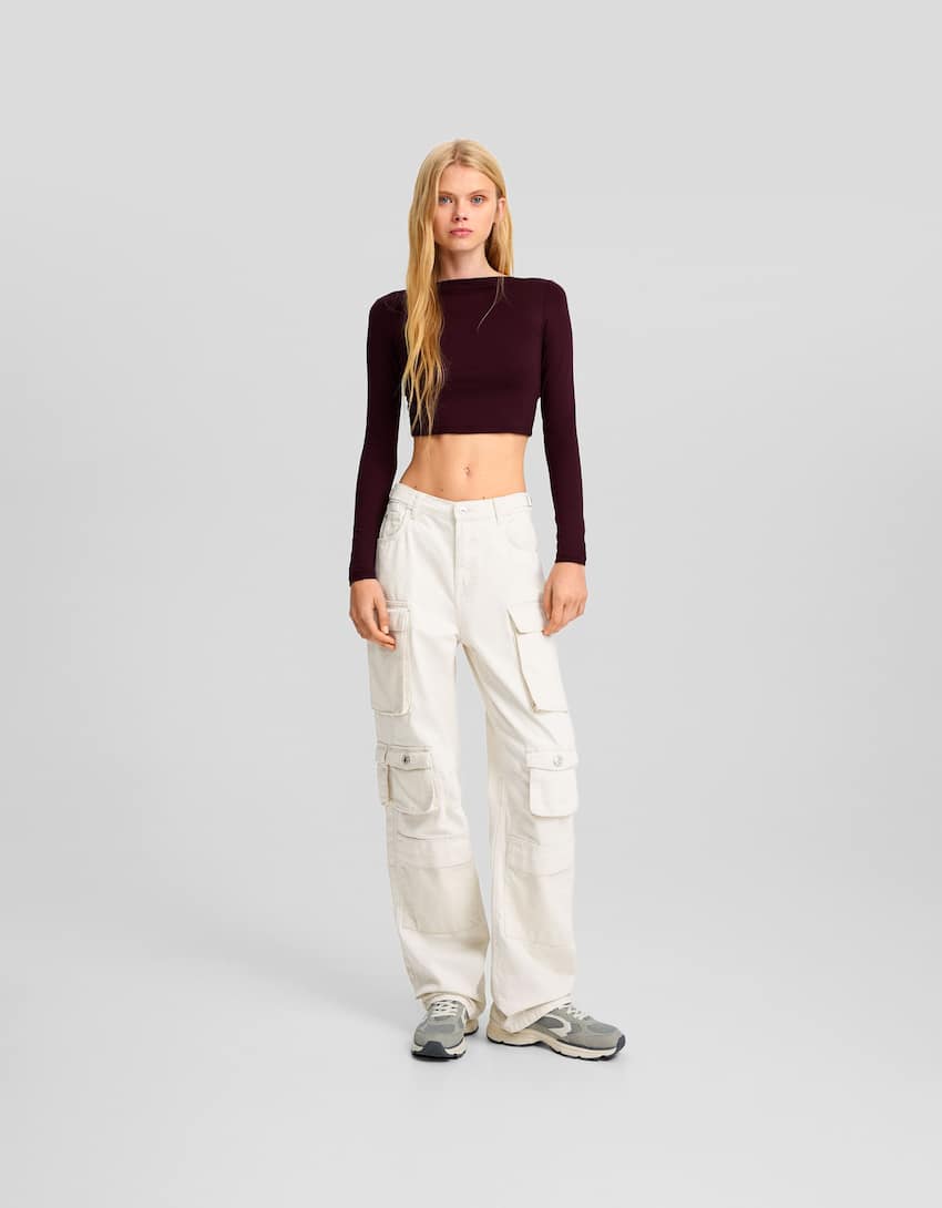 Multi-pocket twill cargo trousers-Cream-0