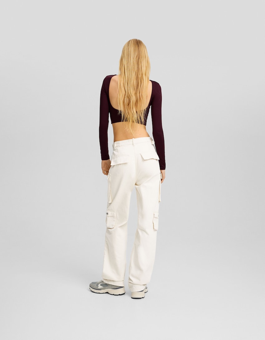 Multi-pocket twill cargo pants-Cream-2