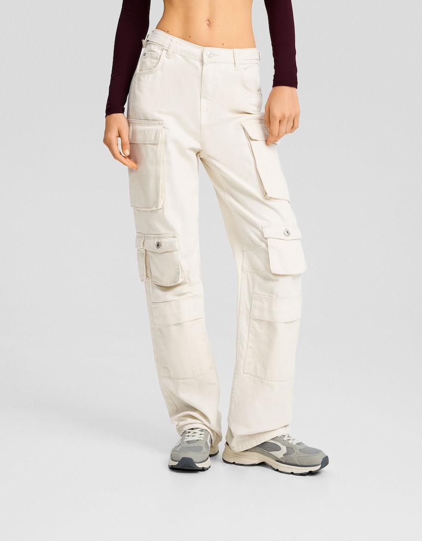 Multi-pocket twill cargo pants-Cream-1