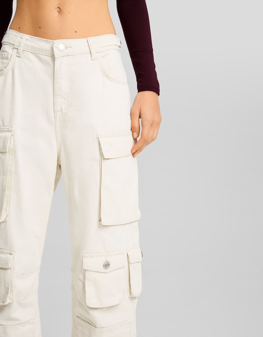 Multi-pocket twill cargo trousers-Cream-3
