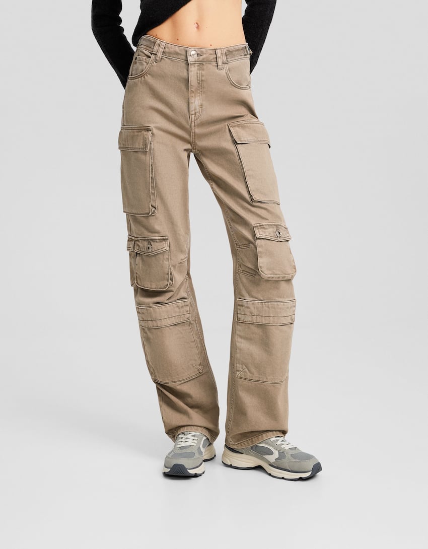 Multi-pocket twill cargo trousers-Camel-1