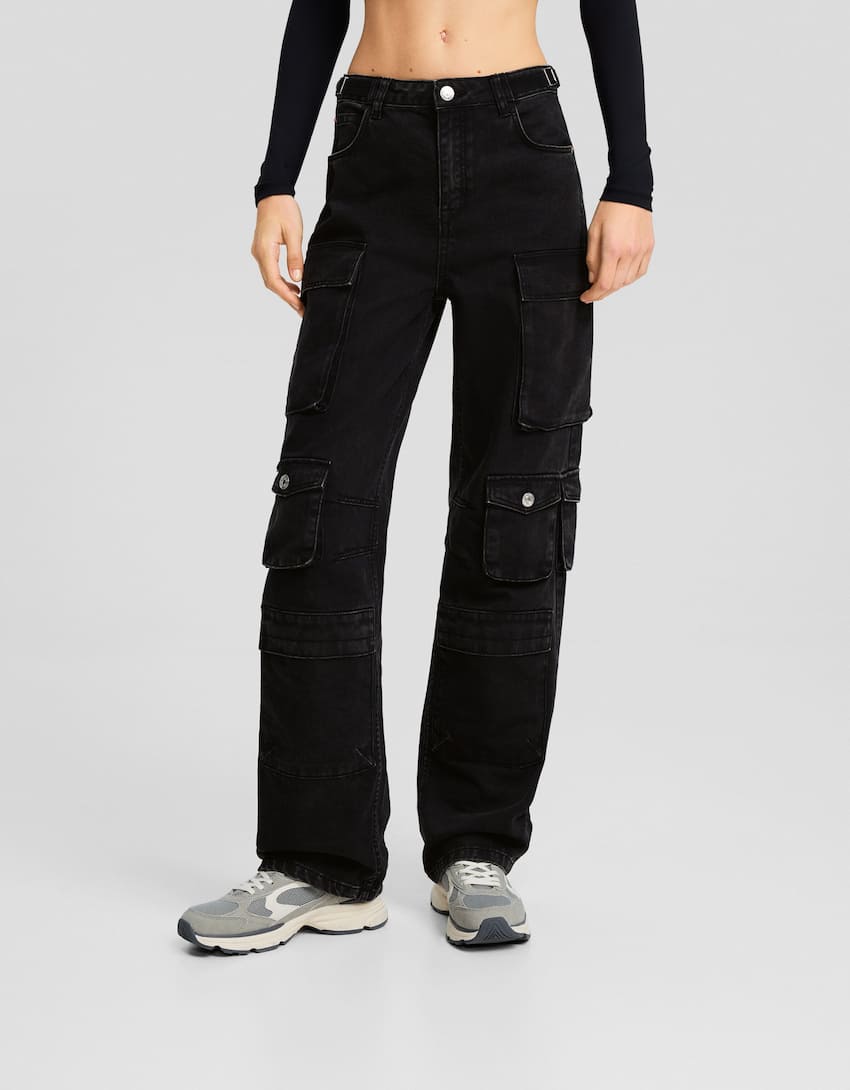 Multi-pocket twill cargo trousers-Grey-1