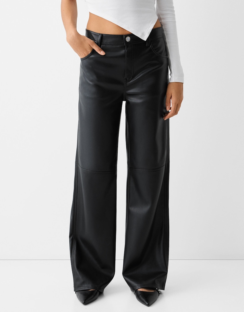 Faux leather straight pants-Black-1