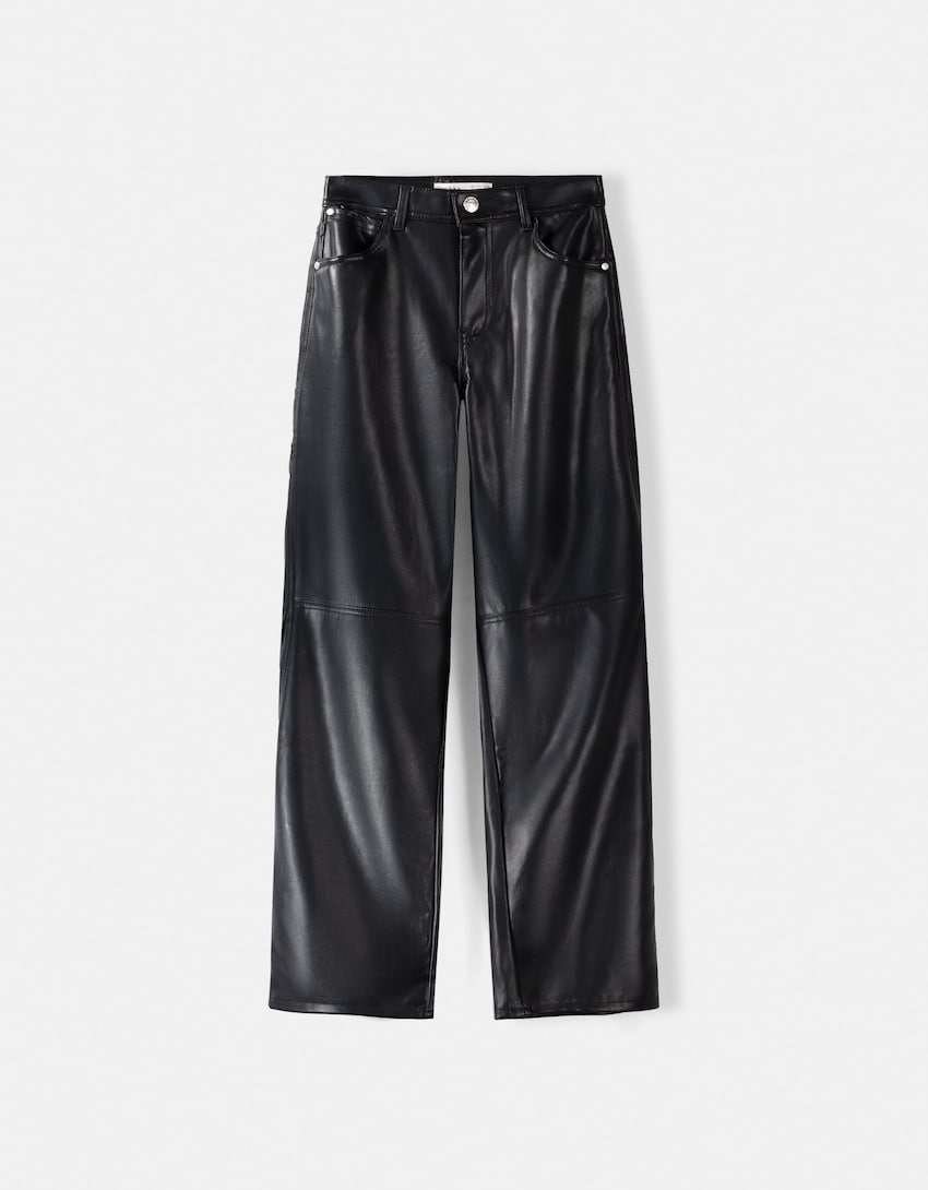 Faux leather straight pants-Black-5