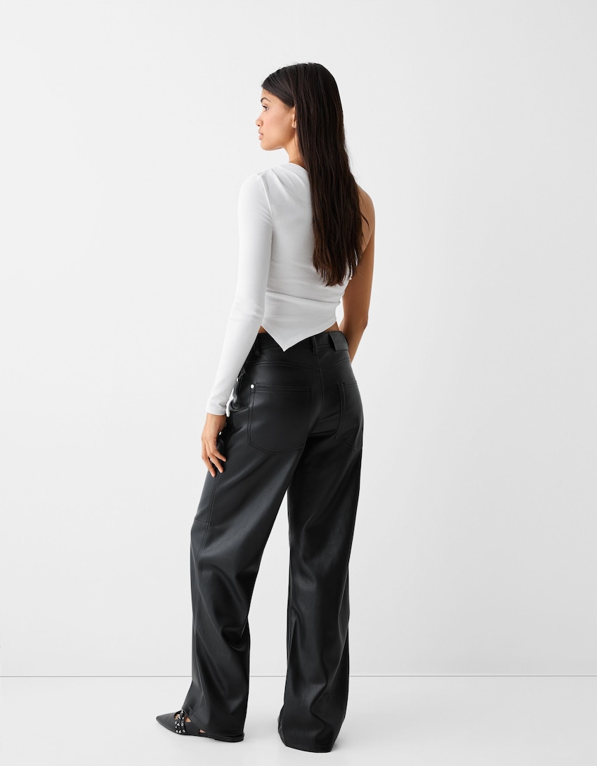 Faux leather straight pants-Black-2
