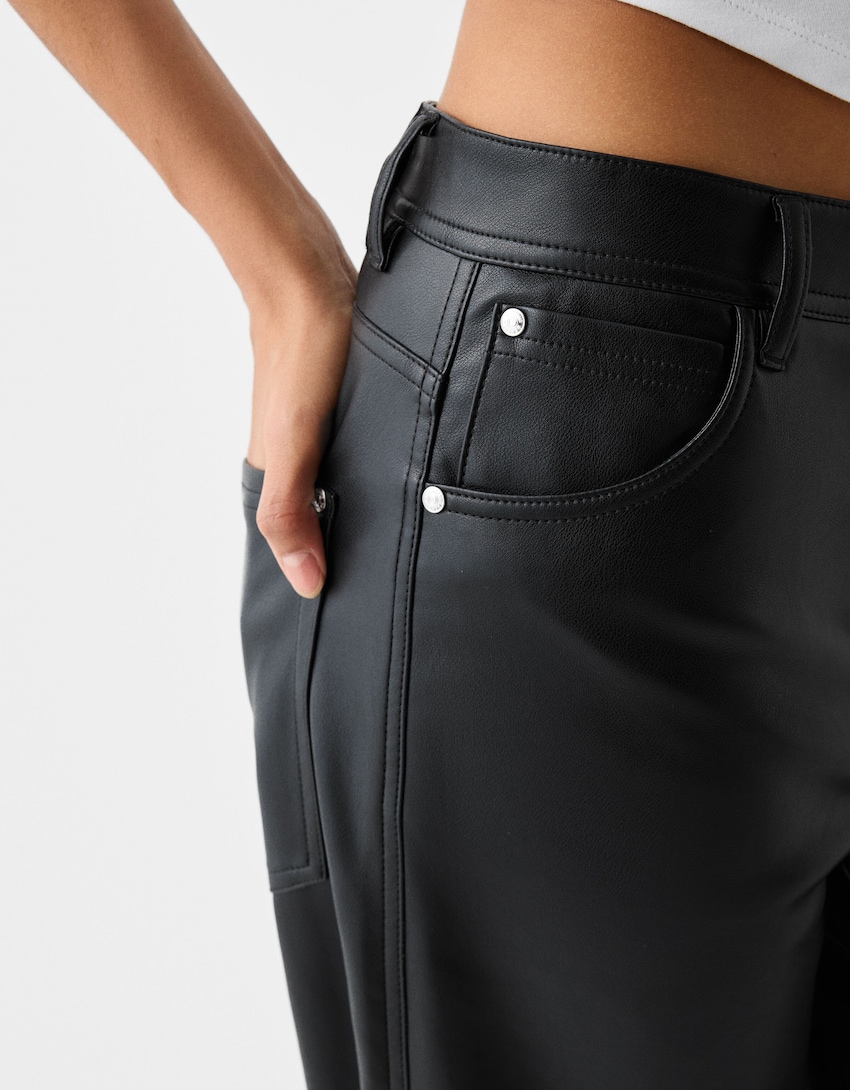 Faux leather straight pants-Black-6