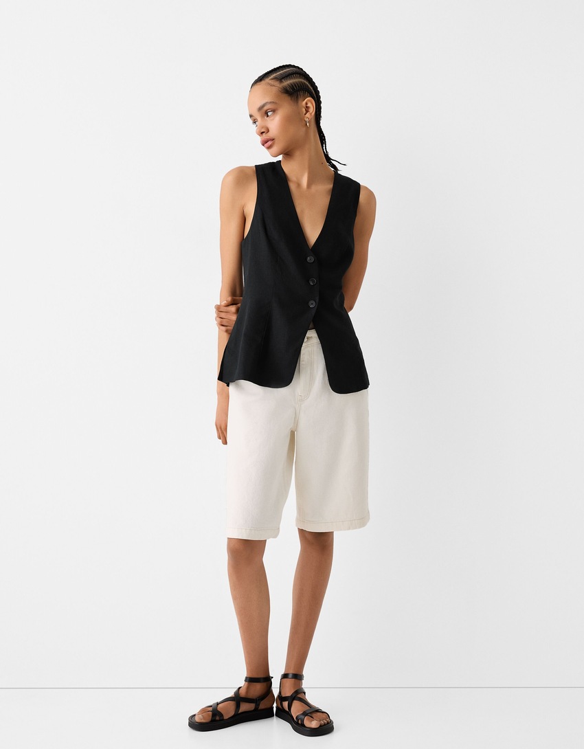 Fitted waistcoat with linen-Black-3
