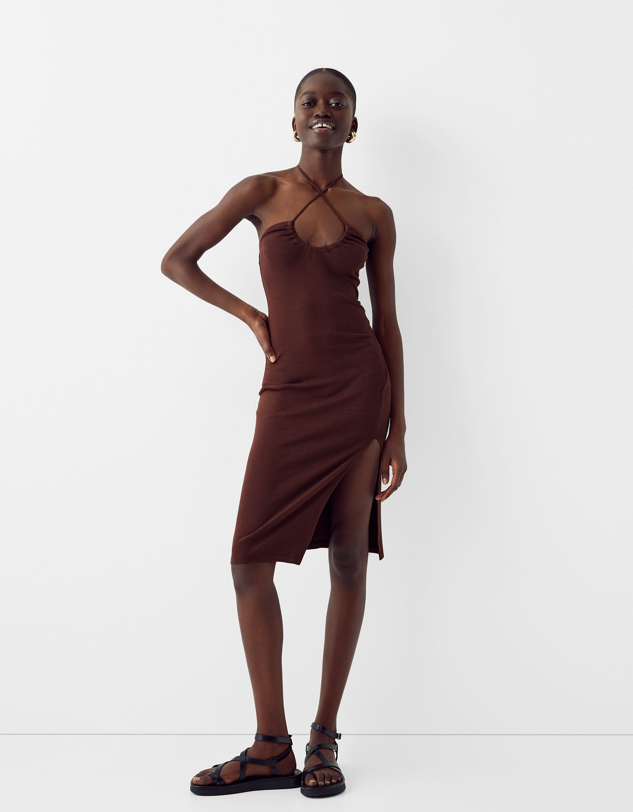 Midi dress with gathering and slit Women Bershka