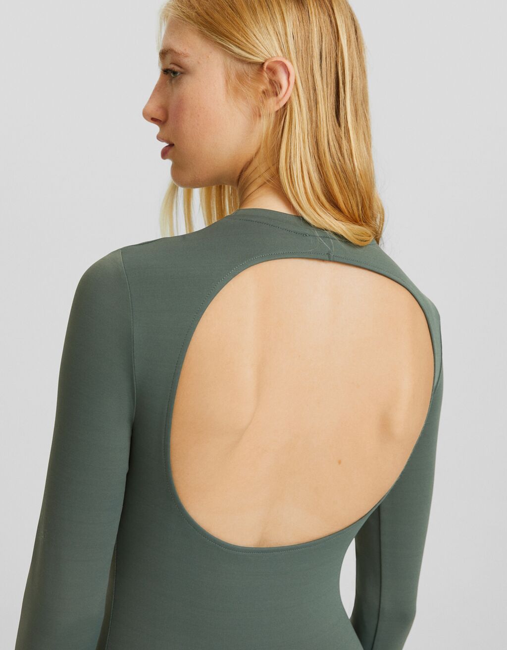 Robe longue dos nu manches longues-Kaki-3