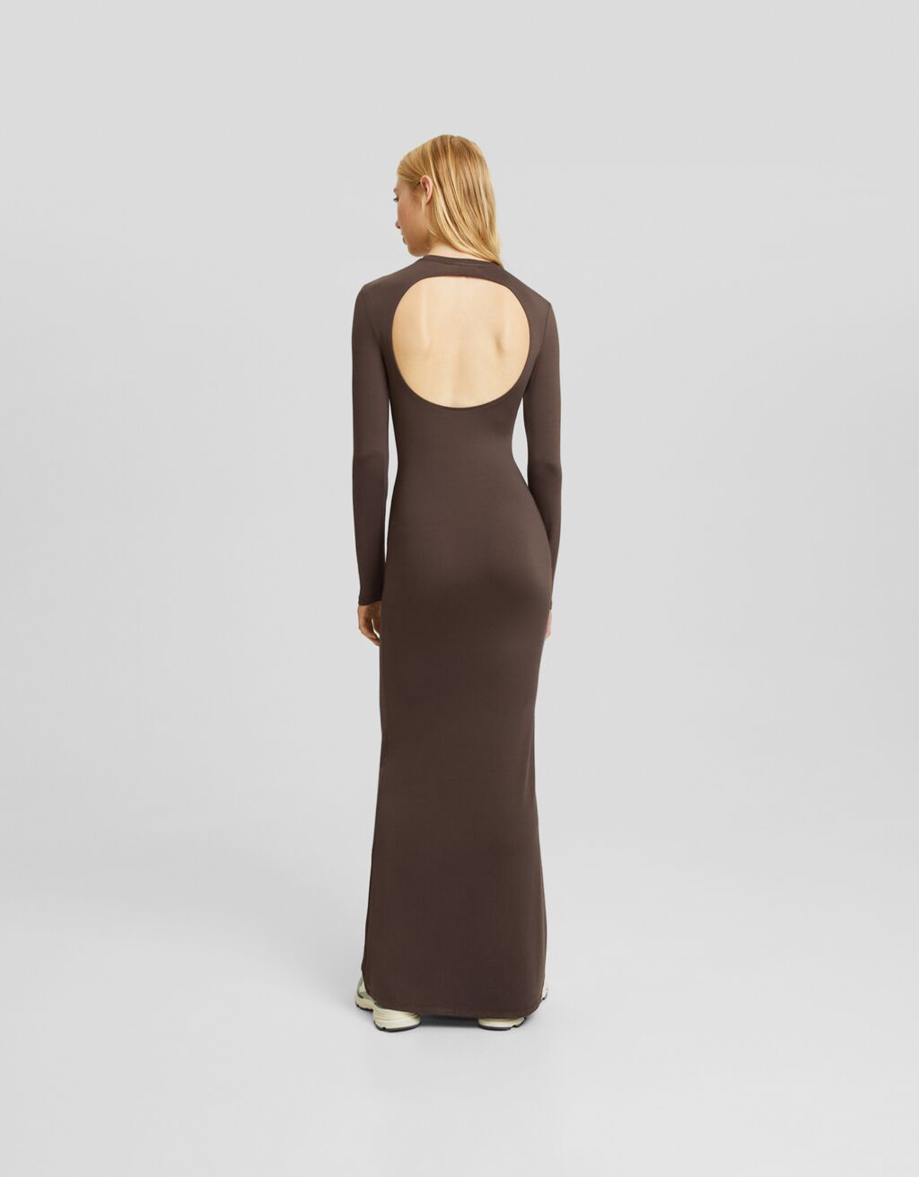 Robe longue dos nu manches longues-Marron-2