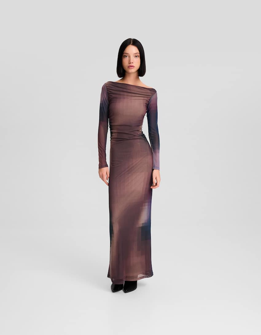 Long tulle dress with long sleeves and a print-Violet-0