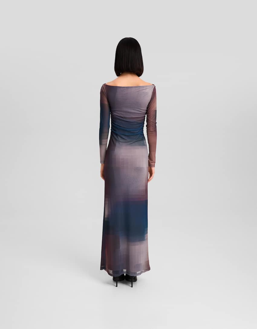 Long tulle dress with long sleeves and a print-Violet-2