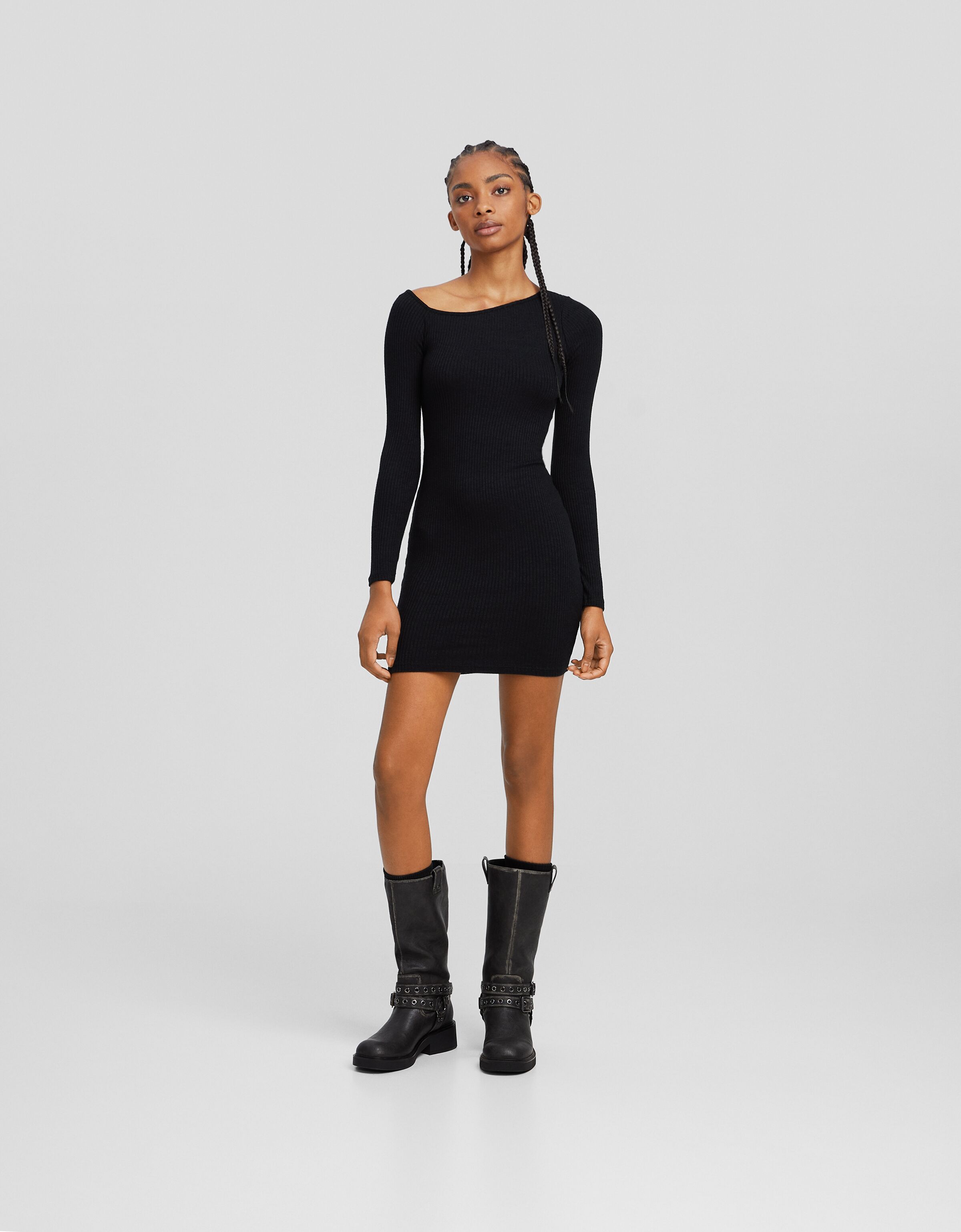 Long sleeve knit mini dress with an asymmetric neckline