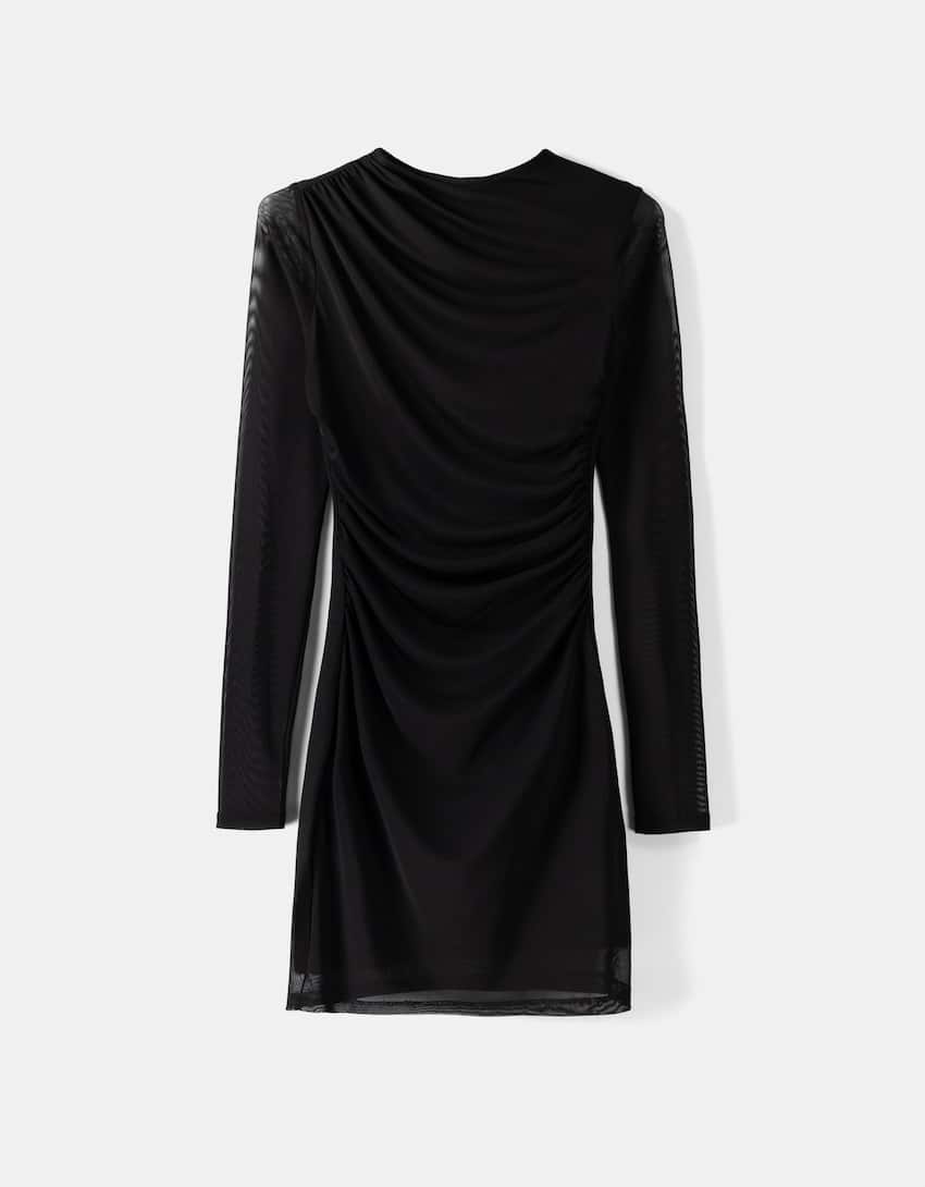 Long sleeve gathered tulle mini dress-Black-4