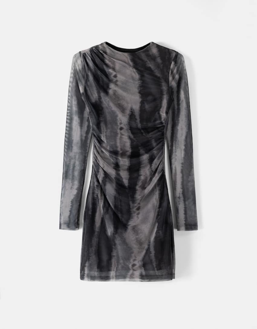 Long sleeve gathered tulle mini dress-Dark grey-4