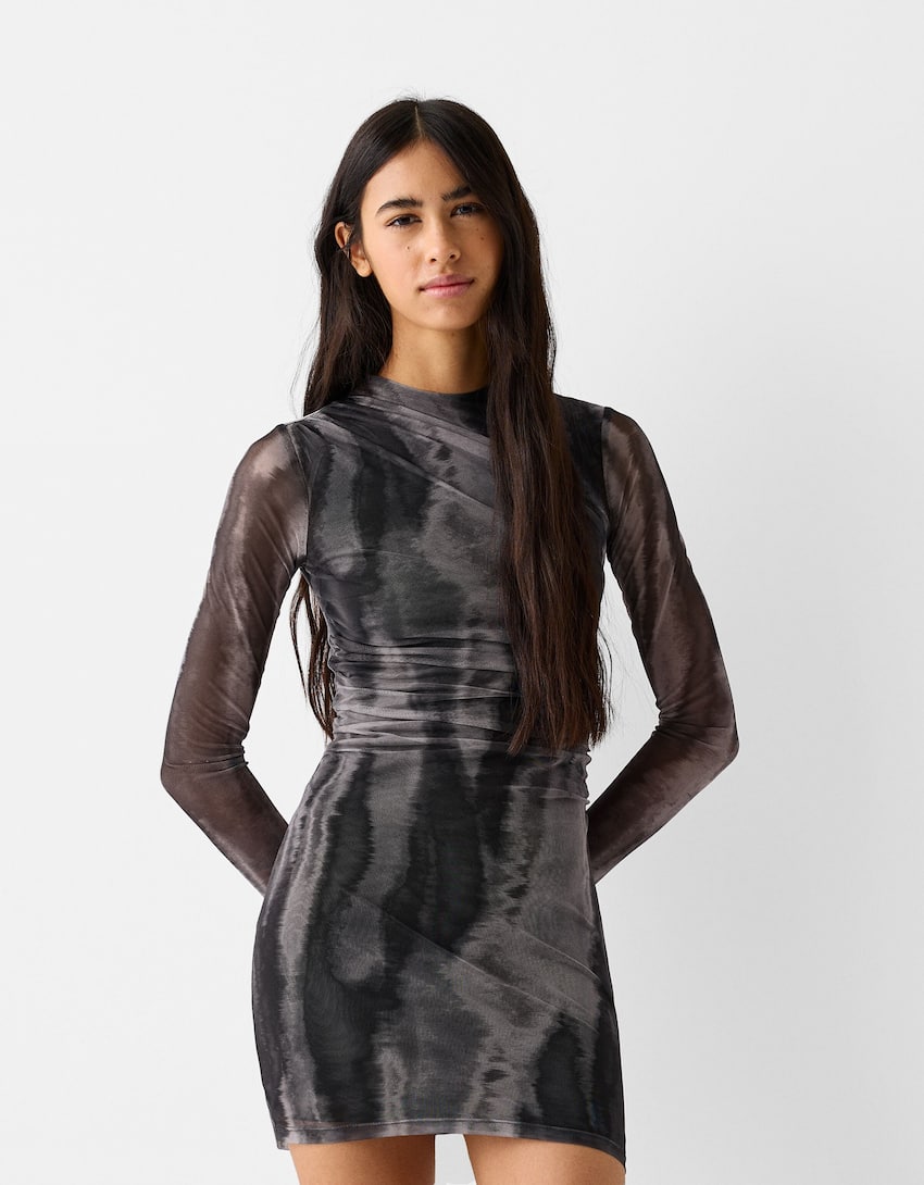Long sleeve gathered tulle mini dress-Dark grey-1