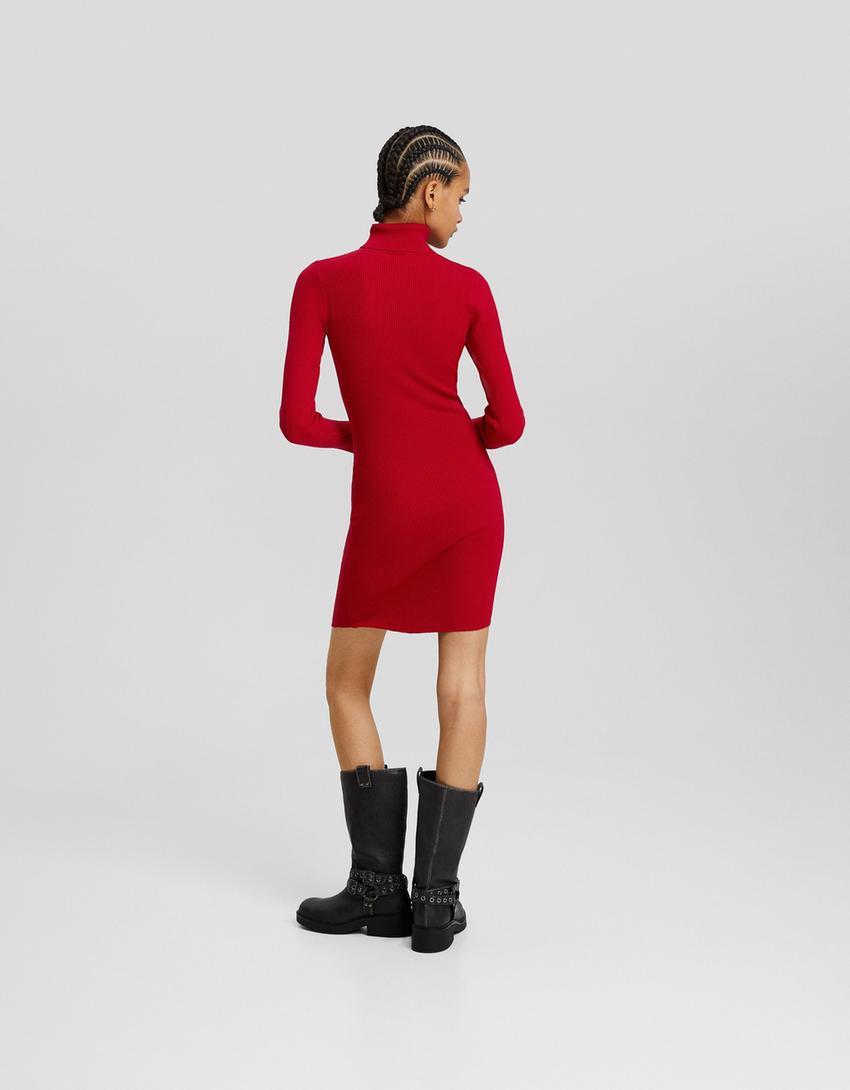Vestido mini manga comprida gola alta malha-Vermelho-2