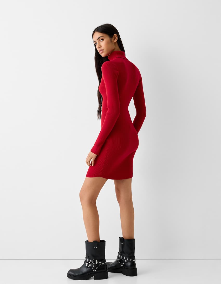 Knit high neck mini dress with long sleeves-Red-2