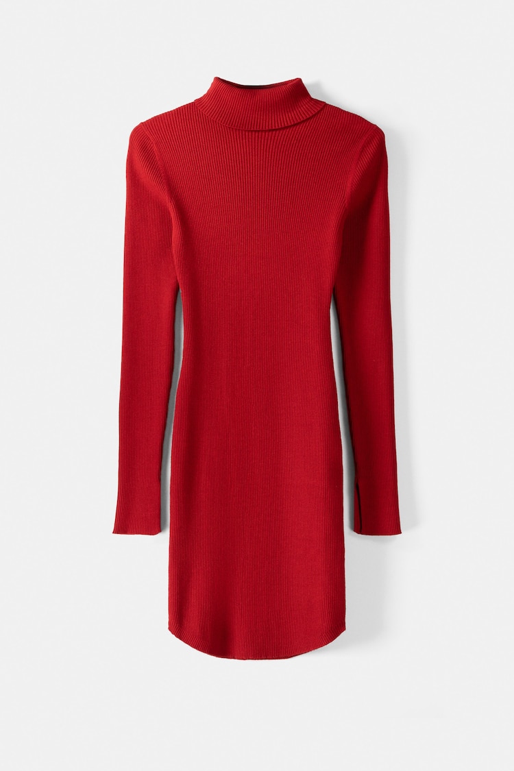 Knit high neck mini dress with long sleeves