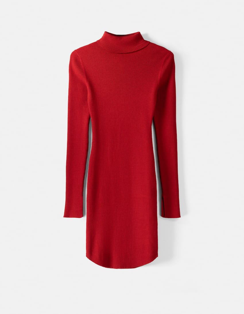 Knit high neck mini dress with long sleeves-Red-5