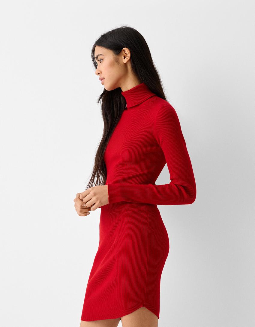 Vestido mini manga comprida gola alta malha-Vermelho-1