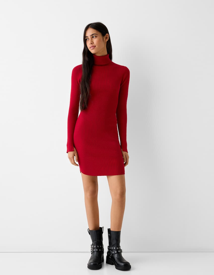 Knit high neck mini dress with long sleeves-Red-0