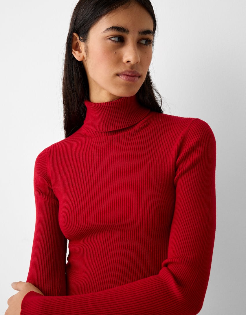 Knit high neck mini dress with long sleeves-Red-6