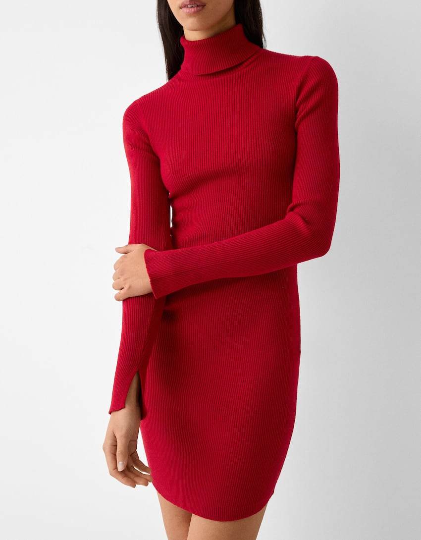 Knit high neck mini dress with long sleeves-Red-3