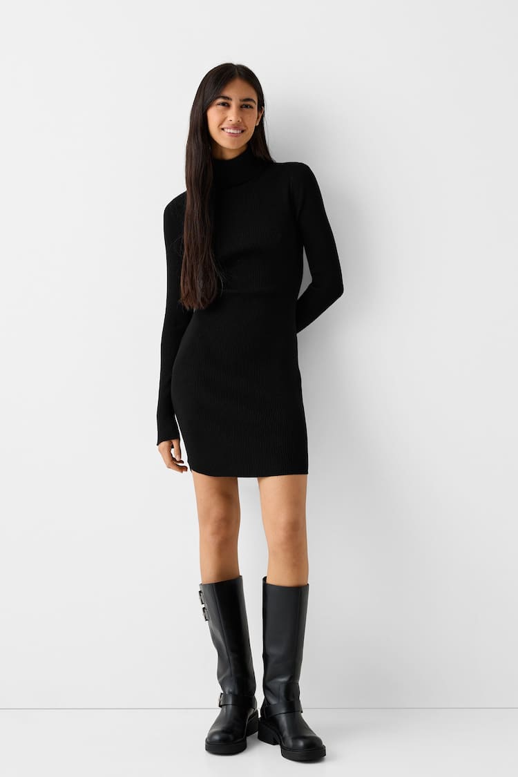 Knit high neck mini dress with long sleeves
