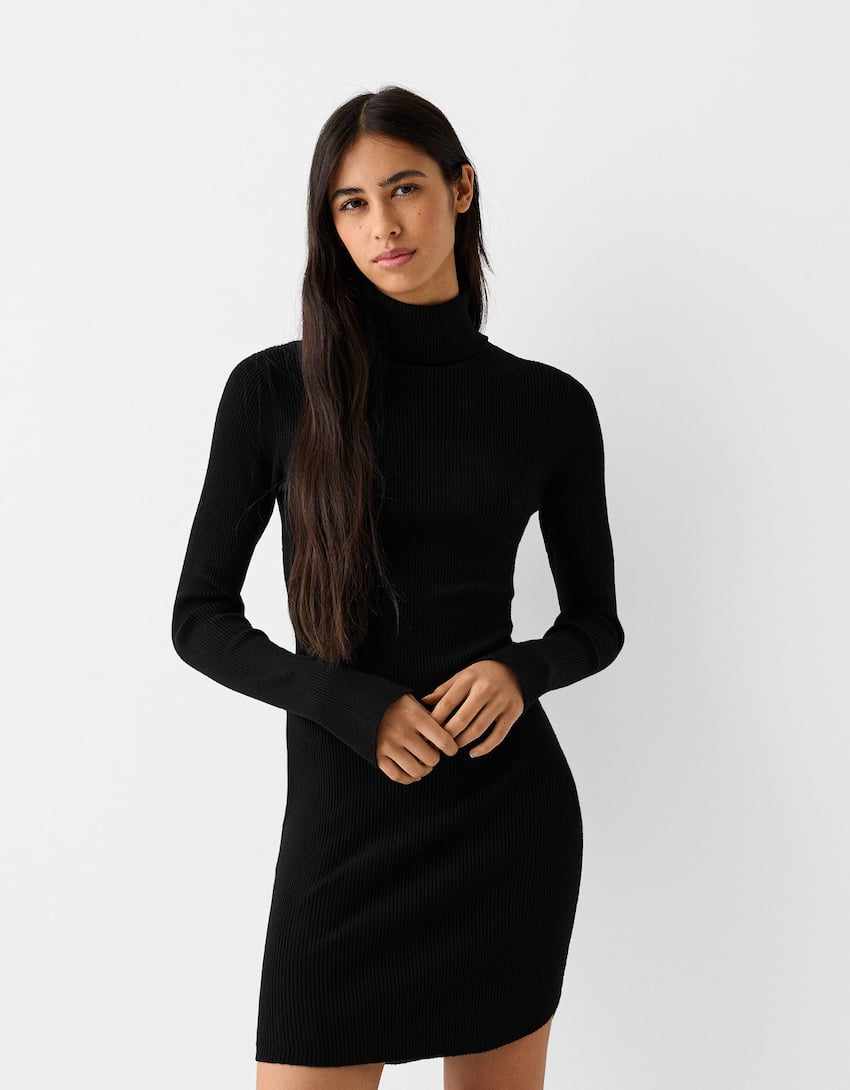 Knit high neck mini dress with long sleeves-Black-1