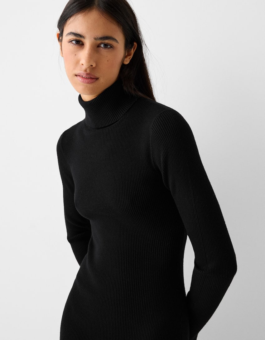 Knit high neck mini dress with long sleeves-Black-3