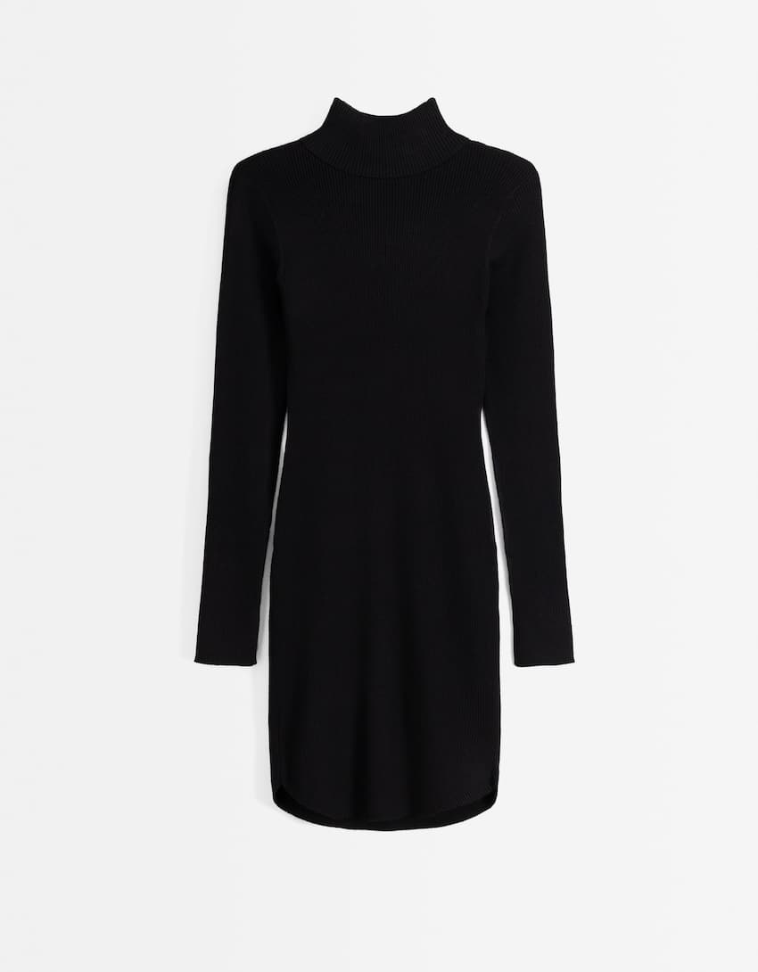 Knit high neck mini dress with long sleeves-Black-4