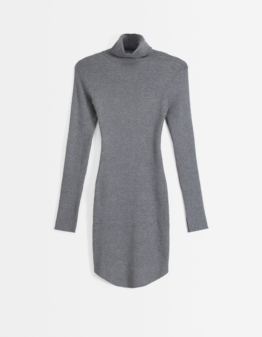 Knit high neck mini dress with long sleeves-Grey-4