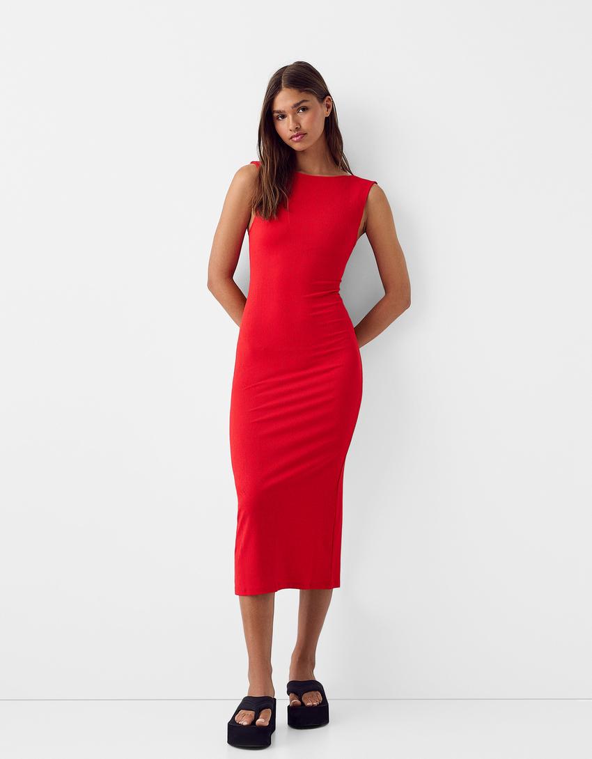 فستان متوسط الطول بفتحة خلفية وملمس بارز-أحمر-0