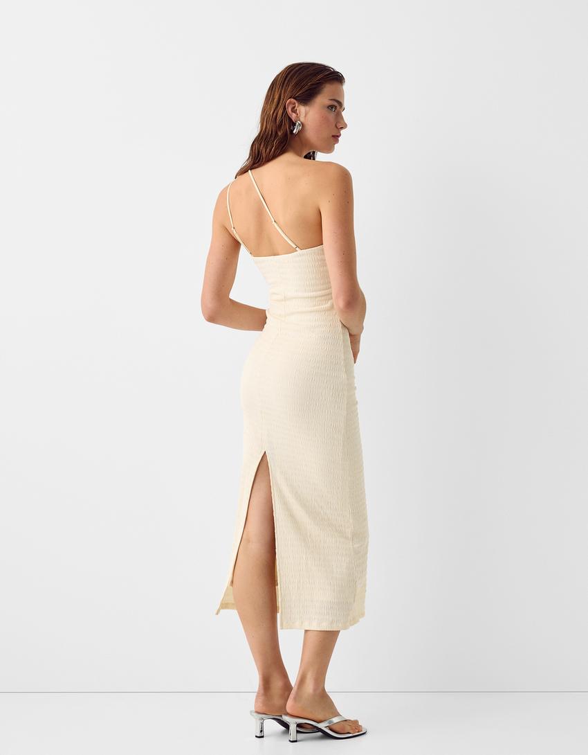 Waffle-knit asymmetric midi dress-Beige-2
