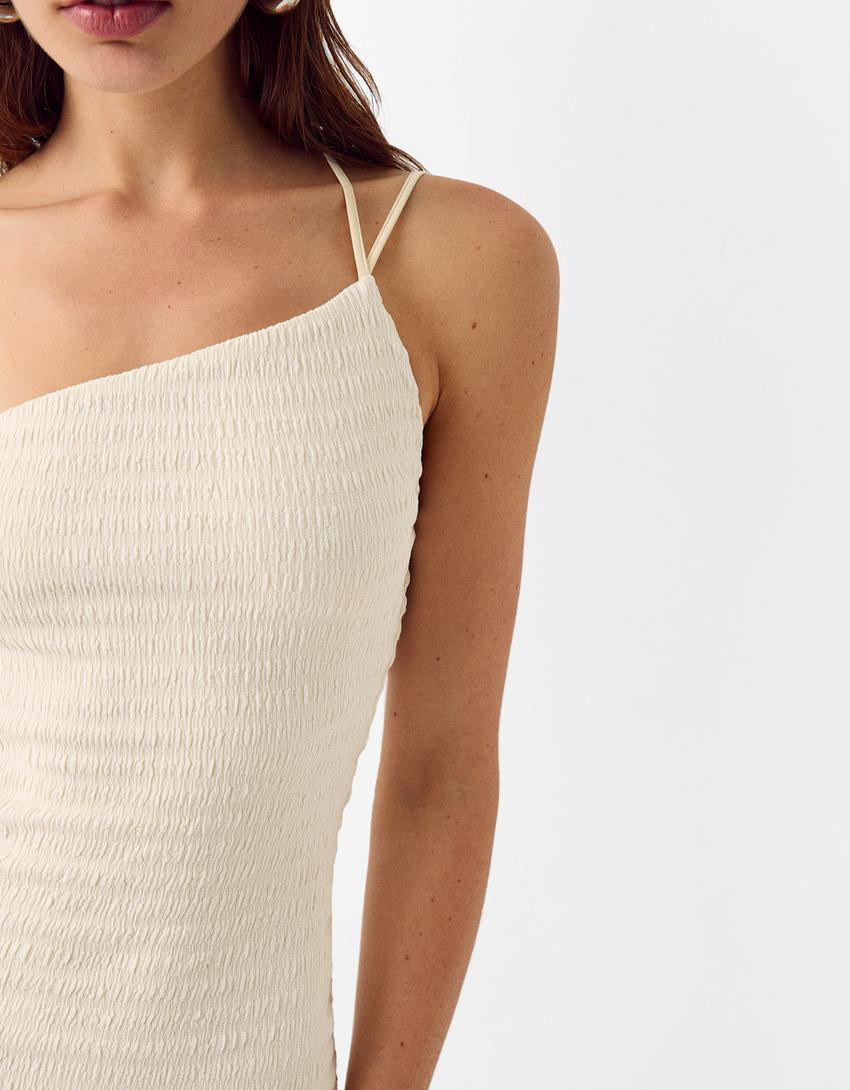 Waffle-knit asymmetric midi dress-Beige-3