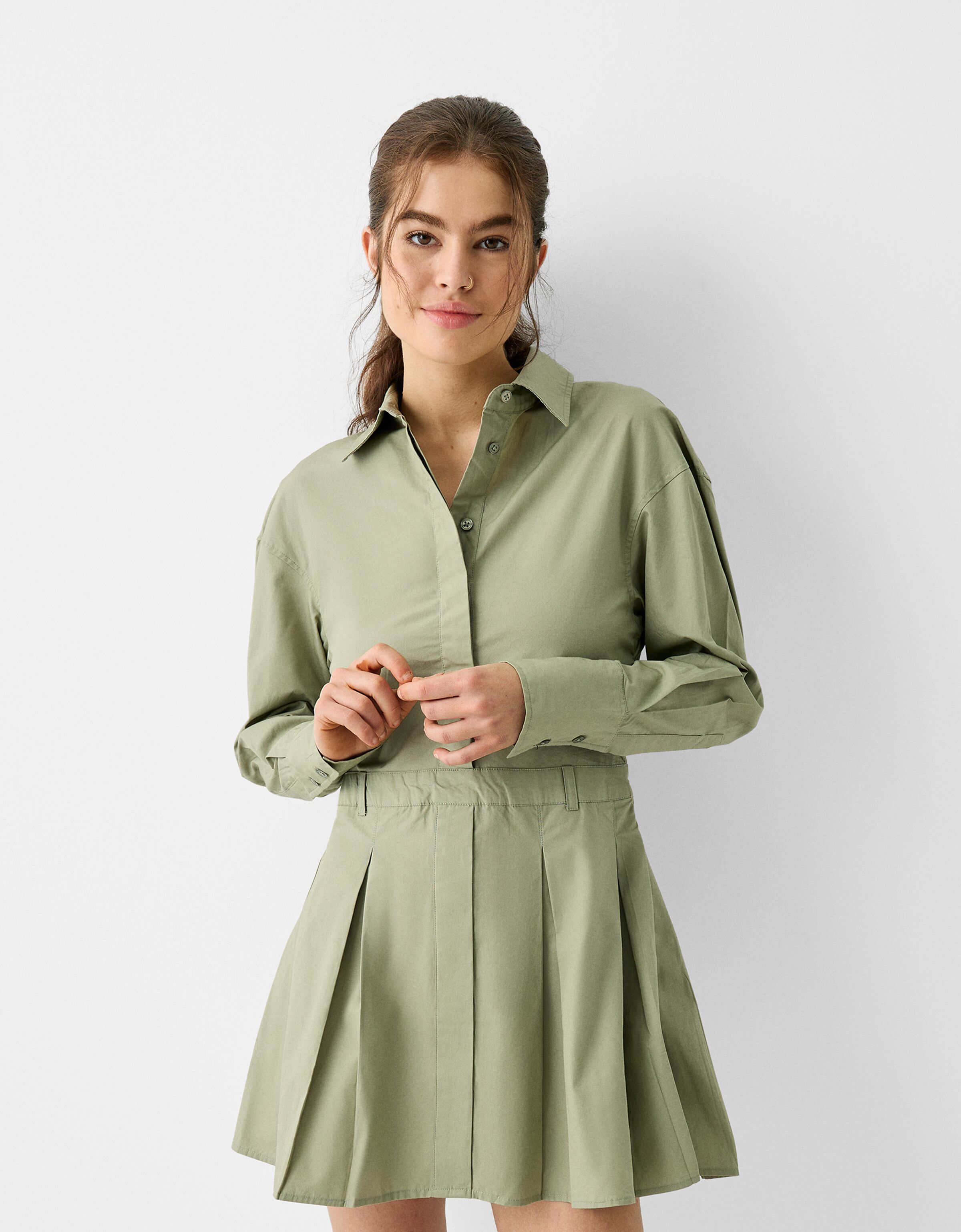 Mini poplin shirt dress with box pleats and belt - Dresses - BSK 