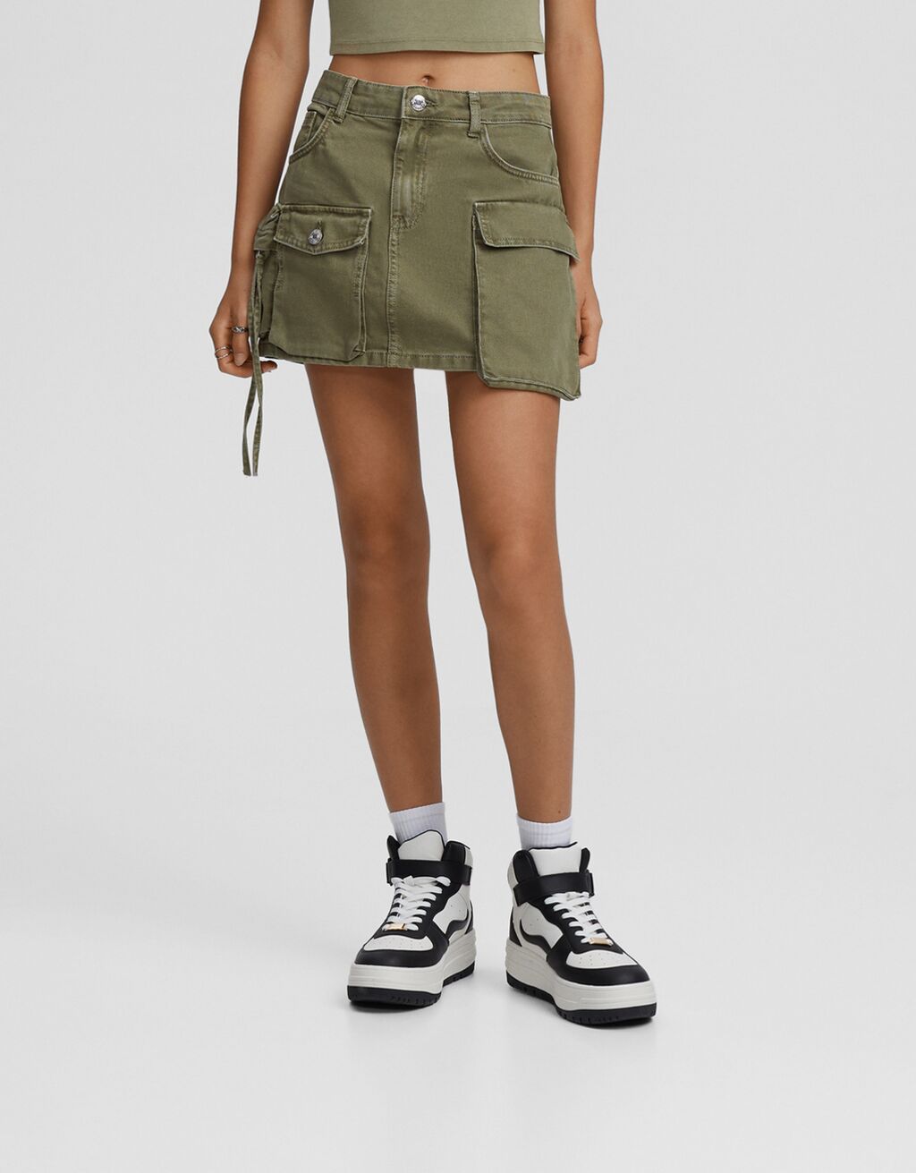 Multi-pocket twill mini skirt-Khaki-2
