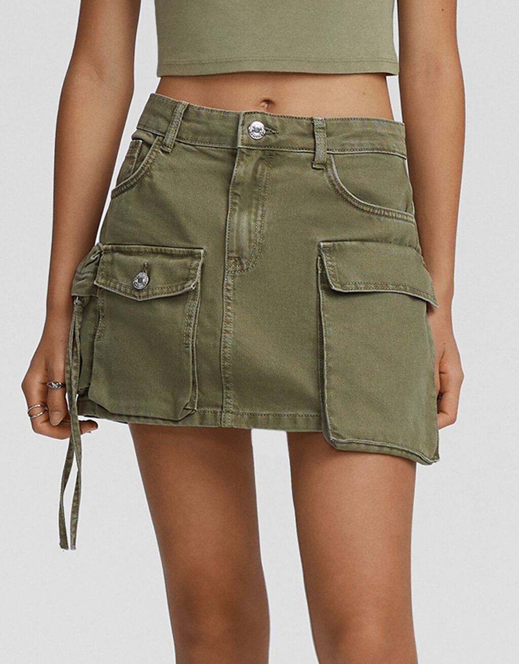 Multi-pocket twill mini skirt-Khaki-3