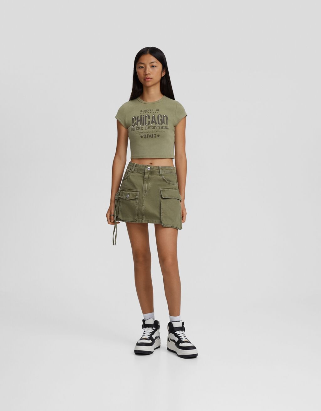 Multi-pocket twill mini skirt-Khaki-0