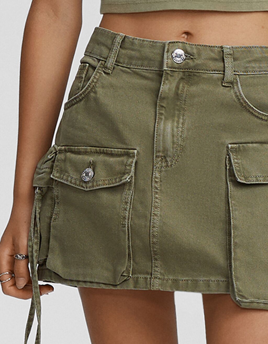 Multi-pocket twill mini skirt-Khaki-5