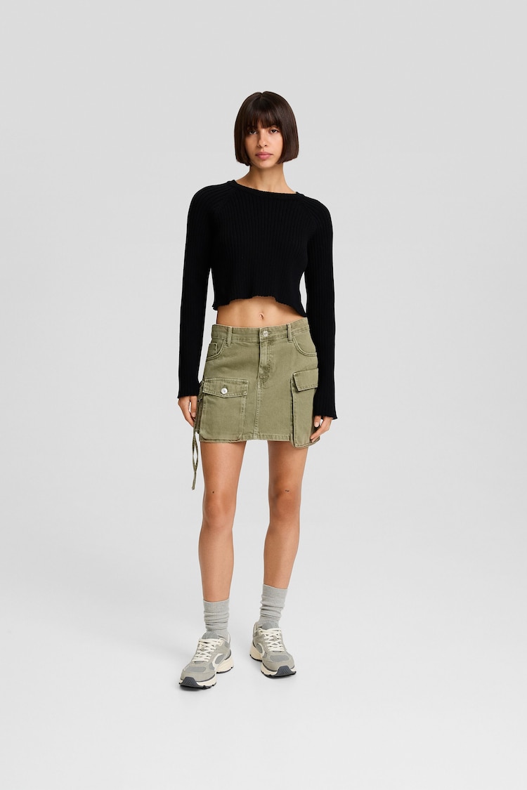 Multi-pocket twill mini skirt