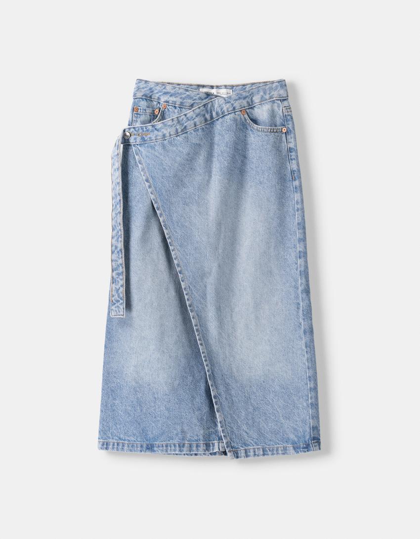 تنورة سكورت دنيم متداخلة-أزرق مغسول من الخارج-4