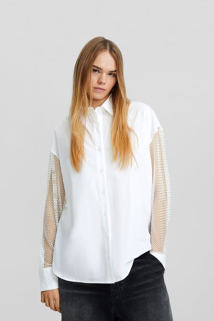 Oversize long sleeve poplin shirt with rhinestone mesh detailing